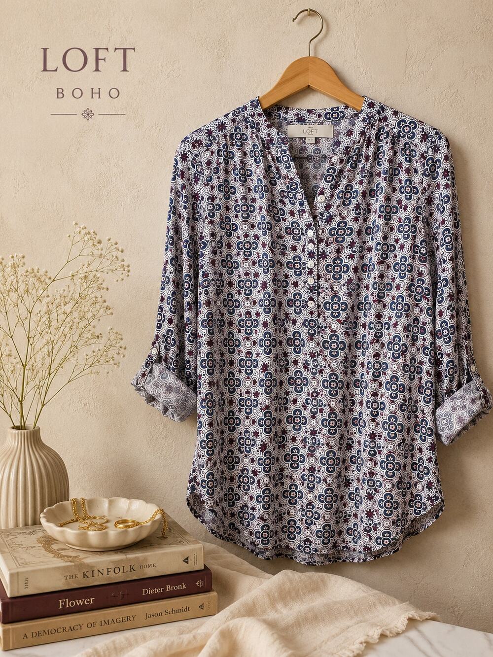 LOFT Boho Medallion Print Tunic Blouse Small Rayon Roll Tab Sleeve Top387